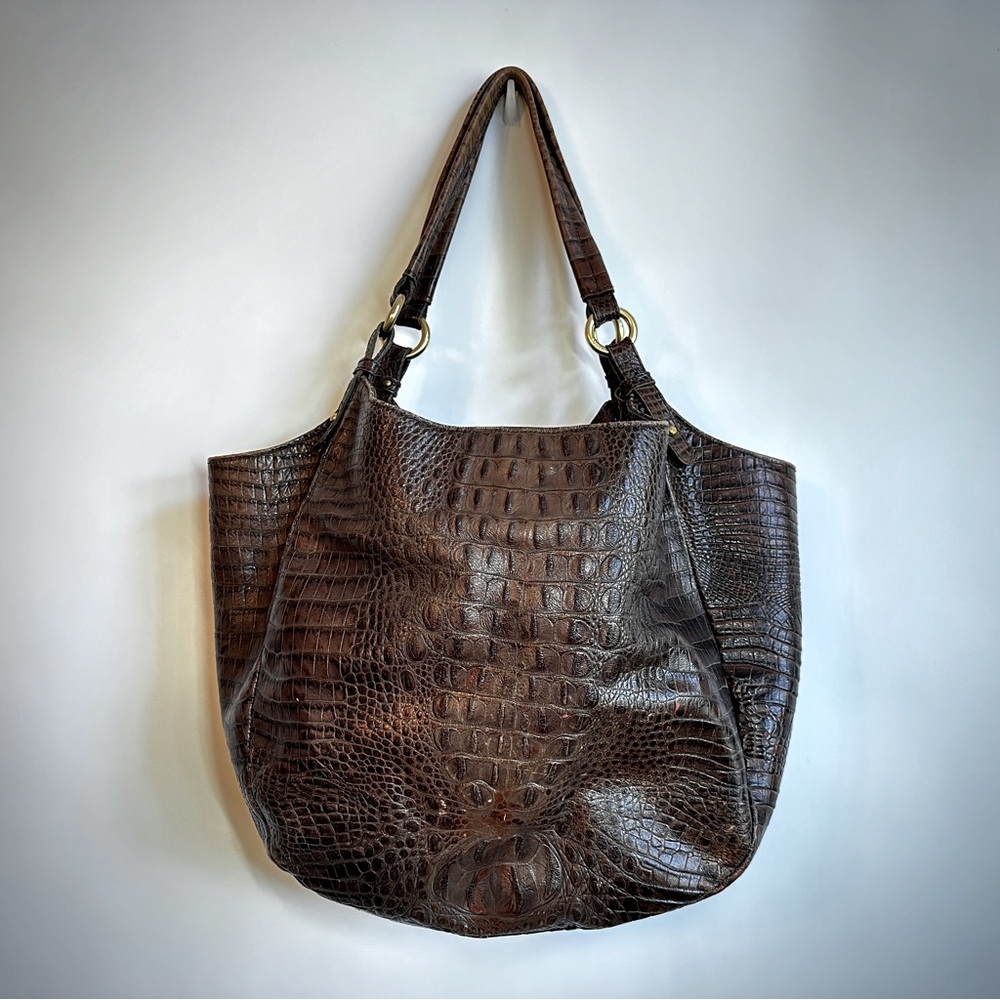 Brahmin Double Strap Brown Croc Embossed Leather Hobo Shoulder Bag Carryall